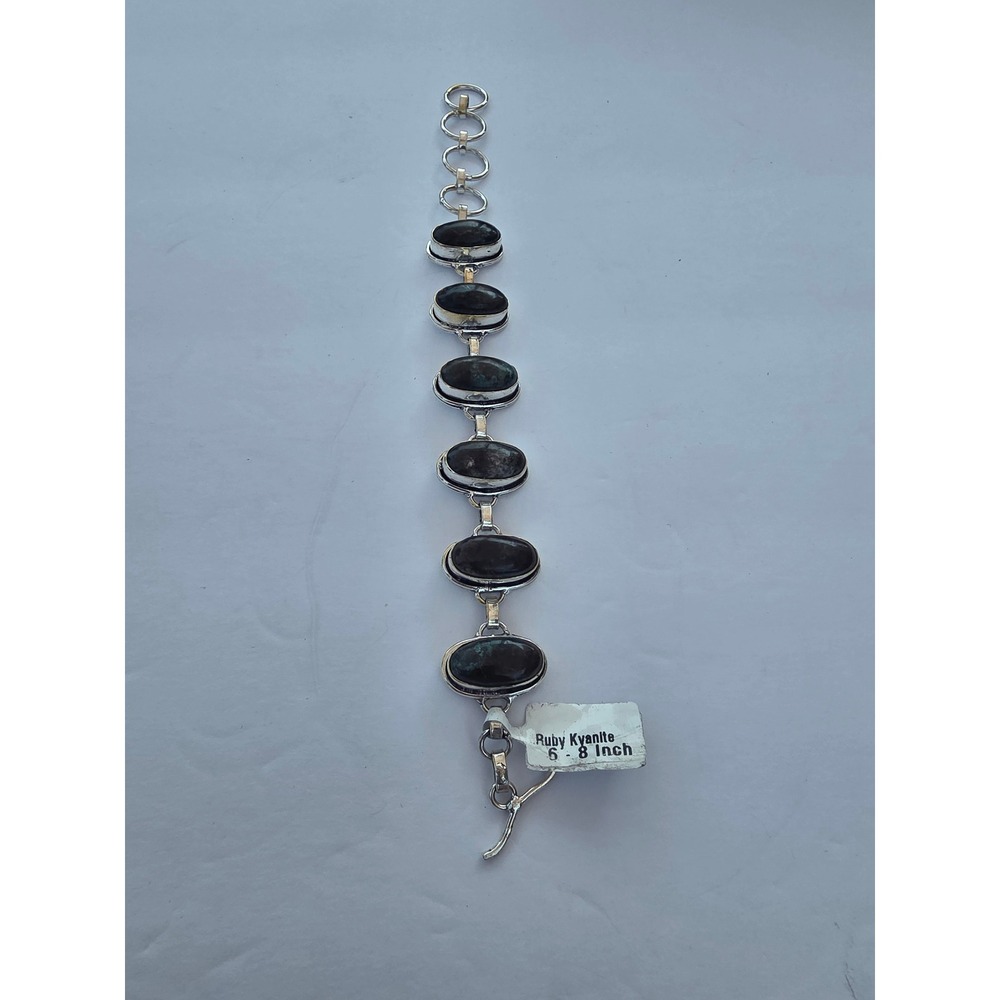 Ruby Kyanite Sterling Silver Oval Cabochon Link Bracelet 6-8 Inch Adjustable